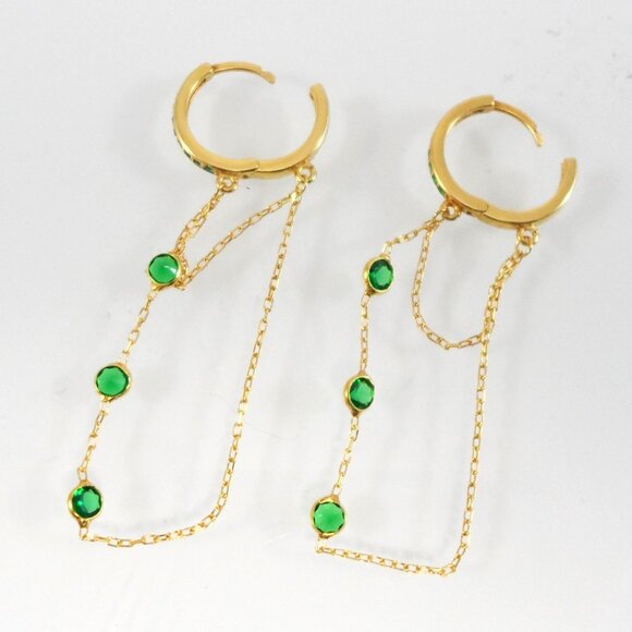 GABI RIELLE 14K Gold-Plated Sterling Emerald Crystal Dangle Pave Huggie Earrings - Picture 9 of 13